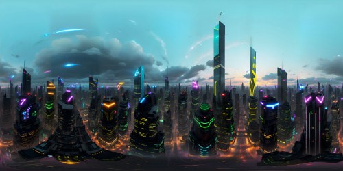 Masterpiece visuals, ultra-high-resolution, crystal-clear VR360 scene. Futuristic city skyline, iridescent buildings, reflective surfaces. Neon-lit billboards, floating holograms. Style: cyberpunk, sharp lines, deep contrasts. VR360 view, encompassing boundless urban dreamscape.