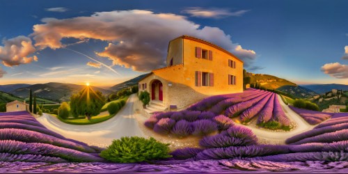 A serene and breathtaking Provence landscape bathed in the warm glow of sunset, fields of lavender in full bloom stretching to the horizon, rolling hills dotted with quaint stone farmhouses, skies painted in hues of rose and gold, a dazzling masterpiece in ultra-high resolution capturing every detail flawlessly.