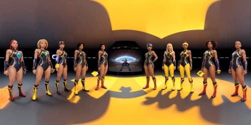 five african american women wearing leotards and thigh high boots. two of the women have dreadlocks. one woman is carrying a yellow hammer like thor.