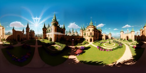 Renaissance castle grandeur, incorporated prison, luxury magic ambiance. Overflowing vibrant flowers, ornate detailing, textured stone walls, shimmering enchantments. Alluring VR360 view, accentuated by a Pixar-style rendering, ultra-high-resolution visuals for an immersive masterpiece VR360 experience.