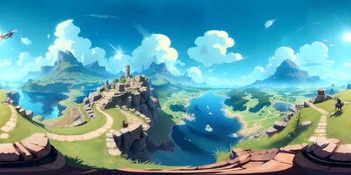 Ultra-high-res Zelda Breath of the Wild landscape, Hyrule kingdom panorama, ancient ruins, fantasy-style mountains, serene lake reflection. VR360 view, vibrant color blend, masterpiece digital painting, best-quality VR360 scene
