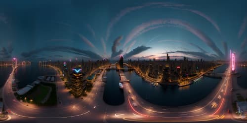 Masterpiece quality, VR360 city skyline, midnight magic, oceanfront perspective. Surreal illuminations of redlight district, neon-lit beauty, soft reflections on tranquil waters. Ultra high-res, fantasy-style glow-in-dark aesthetics in expansive sky view.