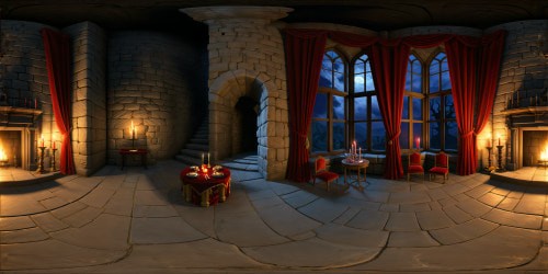 Within the haunted castle room from Mario 64, cracked stone walls ominously project, eerie ghostly candles flickering shadows, tattered red velvet curtains, moonlight streaming through cobwebbed windows, age-old dust particles suspended, the grand fireplace is cold, echoing with ghostly whispers, immersive, detailed tribute.