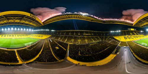 Immaculate soccer stadium of Borussia Dortmund, bathed in a sea of black and yellow fans, flaring pyrotechnics lighting up the flawless night sky, vibrant and surreal at ultra high resolution.