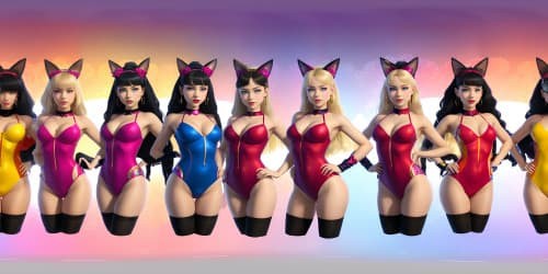 best quality, masterpiece, ultra high res,five 40 year old princesses_wearing pink leotards_wearing gold hoop earrings_wearing red lip gloss_one has blue eyes_two of them are blonde_they are squatting_spread_arms above their heads_close up of armpit_ cat ears and big breast