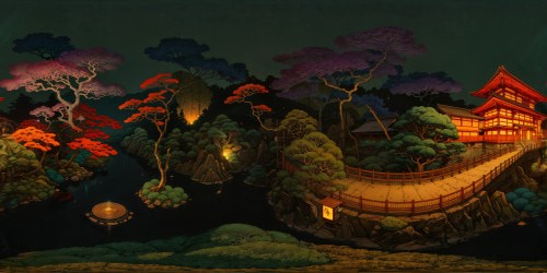 Expansive Edo period emaculate Japenese garden at night, with cozy warm toned glowy lighting. Detailed landscaping. Deep warm toned color palette, with deep reds, magentas,browns, deep orange-yellow tones. Feverish Lo-Fi style aesthetic.