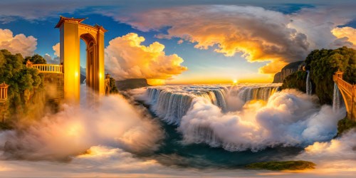 A soaring celestial panorama of radiant golden gates, luminous ethereal clouds, cascading waterfalls of stardust, and endless vast horizons, meticulously detailed and flawlessly captured in ultra-high resolution, a heavenly masterpiece.