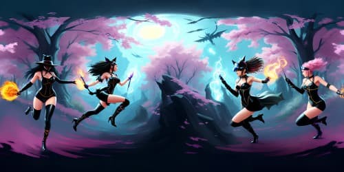 FOUR AFRICAN American WOMEN WEARING black LEOTARDS AND THIGH HIGH pink BOOTS' THEY ARE WITCHES. ONE HAS DREADLOCKS. ONE WITCH IS CARRYING A FLAMING TRIDENT. THEY ARE RUNNING IN A DARK FOREST.