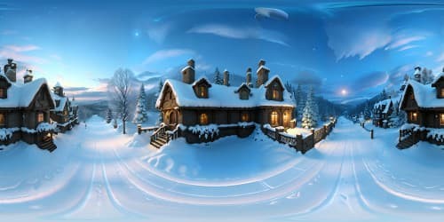 Ultra-high-res VR360, snow-capped 19th century hamlet, hiperrealista masterpiece. Cobblestone paths, snowflakes nestled on peaked roofs, frost-kissed windows. Lantern-lit, chimneys' wispy smoke, ice crystal-laden trees. Pastel-hued sky, starlit horizon. VR360, fantastical hues, enriched 19th-century architectural detail.