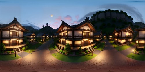 Feudal Japanese mountain town, nestled in twilight hues, terracotta rooftops brushing against the velvety sky, lantern lights flickering, casting warm glows. VR360 view of cobblestone paths winding uphill, misty mountain peaks in the distance. Style: Masterful, ultra-high resolution, Pixar-style blend with classical Japanese art, captivating in its VR360 allure.