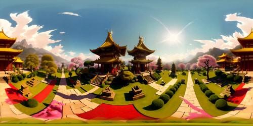 VR360 panorama, Asian-inspired artistry, opulent temples, cherry blossom flurry. Gold-detailed pagodas, jade dragon statues, intricate Zen gardens, misty mountains. Pixar-style animation, dynamic lighting, high contrast, eye-popping colors. Serene VR360 ambiance, ultra-high res Asian masterpiece.