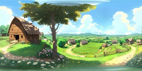 VR360 masterpiece-quality view, ultra-high-resolution, big misty farm unfolding, rustic charm punctuated. Sunlit barns, sprawling fields, emerald and gold, patchwork quilt. Fantasy art style, vibrant colors and expansive views. Soft whispers of morning mist clinging to crops, VR360 display of rural serenity.