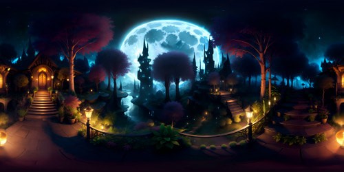 VR360 masterpiece quality, ultra high-res forest clearing, full moon regality, shimmering celestial body. Luminescent flora, ethereal glow, sprinkled throughout. Fantasy art-style, intricate detailing, seamless blending of vibrant colors in the VR360 panoramic view.