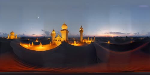 Twilight Arabian Nights VR360, palace terrace vista, Middle Eastern city in ultra-high resolution. Masterpiece glow of distant minarets, unending desert, dunes morphing into horizon. Intricate architecture, VR360 fantasy-digital painting fusion. Under starlit glow, twinkling city lights, splendor of an Arabian night.