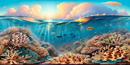 VR360 masterpiece, ultra high-resolution, marine grandeur. Vast, mesmerizing underwater coral reef, vibrant spectrum of colors. Glittering sunlight filtering through azure depths, painting surreal glow on intricate corals. Pixar-style vividness, elegance.