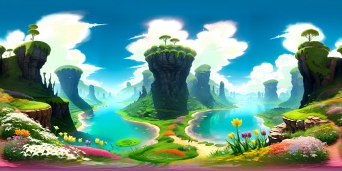 VR360: Dew-drenched foliage, giant clovers, vibrant tulips. VR360: Rock formations, babbling brooks. Sky filled with dreamy clouds. Artstyle: Ultra high-res, Pikmin 1-inspired, rich color palette, detailed textures. Masterpiece-quality.