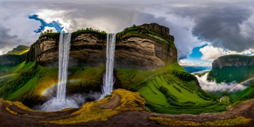 A breathtaking, flawless natural wonder with cascading waterfalls, towering cliffs, lush greenery, crystal-clear lakes, and a vibrant rainbow arcing across the sky in brilliant 8K resolution.