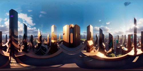 VR360 view, gigantic statue, legs spread wide, intricately carved patterns. Ultra-high-resolution texturing, glossy marble finish. Fantasy art style, sprawling cityscape between statue's legs, surreal perspective. Pixar-esque lighting, gradient sunset sky, multi-hued clouds. Majestic VR360 panorama.