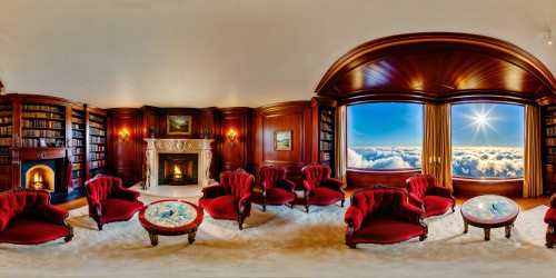 A cozy, lavishly detailed room with plush velvet armchairs, ornate mahogany bookcases, a crackling fireplace, and warm ambient lighting, digitally rendered in exquisite 8K resolution, a flawless artistic masterpiece.