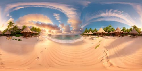 VR360 masterpiece, ultra high-res imagery, tropical beach, shimmering sands, azure waters, tropical foliage. Vivid Pixar-style, beach attires, sun hats, flip-flops scattered. Emphasis on expansive skies, fluffy clouds, setting sun, mesmerizing sunset hues. VR360 visual richness.