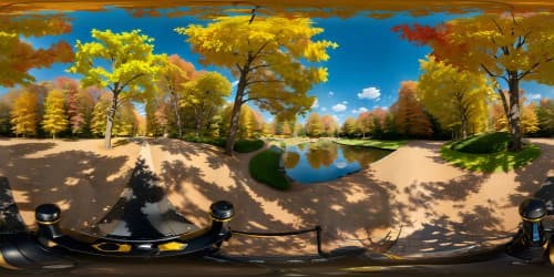 Ultra high-resolution VR360 panorama, sky-dominated view of Central Park. Autumn's vibrant palette, crisp auburn leaves, gold-touched treetops, soaring sapphire sky. Masterpiece style, focus on detail precision, exquisite visual artistry.