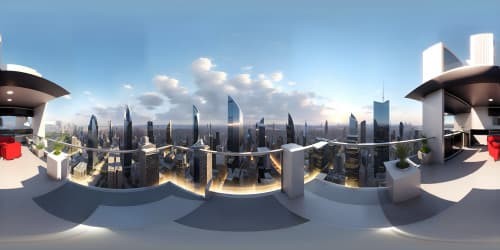 VR360 ultra-HD, modern cityscape infused with arabesque architectural elements. Sleek skyscrapers, geometric patterns. Striking contrasts, city lights. Masterpiece, contemporary meets traditional. VR360 view, arabic-style city skyline.