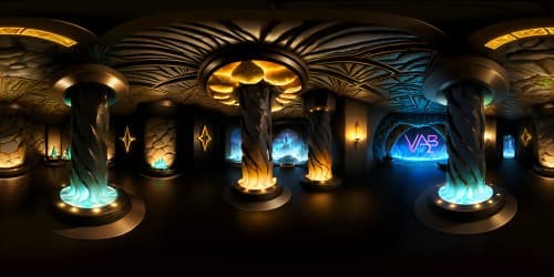 Ultra high-definition VR360, Batcave realized, stalactite-clustered ceilings, stage-light luminescence, high-tech displays embedded in stone. Rich darkness, warm amber lighting, bat insignia centerpiece. Awe-inspiring VR360, Masterpiece-style rendition, extremely detailed, striking bat-themed elements.