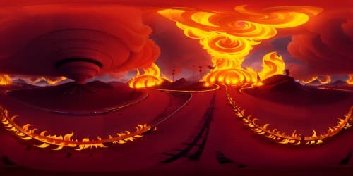 VR360 fiery inferno panorama, smoke tendrils weaving through swirling red and orange flames, glossy obsidian foreground elements, ultra high-res VR360 masterpiece, highest quality.