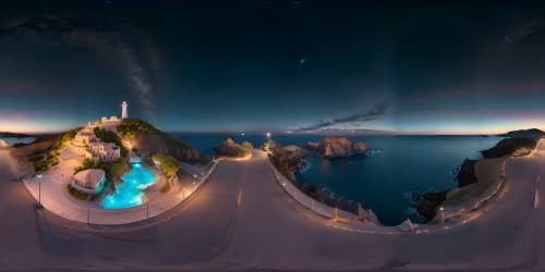 far away lighthouse surrounded by deep blue sea with crashing waves at night with clear sky and shooting stars viewed from the sky