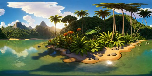 A flawless, ultra high-resolution photorealistic 8K jungle scene, vibrant hues reflecting in crystal-clear waters, with sunbeams piercing through fluffy clouds casting intricate shadows on puddles, capturing the jungle's essence in unparalleled detail.