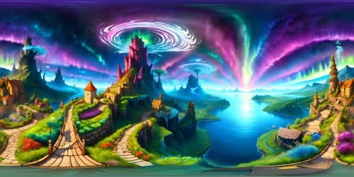 Elven realm masterpiece, iridescent radiant flora, floating crystal fortresses. VR360 surreal auroras, eldritch aesthetics, LoTR-inspired. VR360 ultra-high-resolution, mesmeric fantasy art direction, supreme quality.