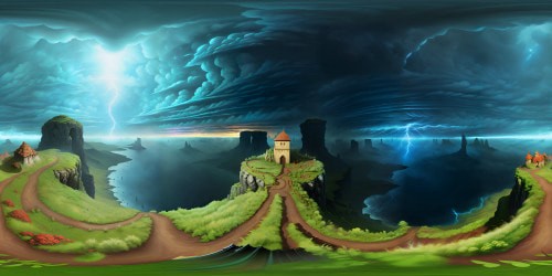 Masterstroke quality, ultra HD stormy clouds, lightning strikes over horizon, colossal thunderheads, dark, foreboding, VR360 turbulent weather spectacle. Style: hyper-realistic, emphasis on dramatic light play, chiaroscuro techniques. Picturesque, immersive VR360 storm panorama.