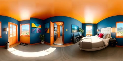 Ultra-high resolution, quality masterpiece, youthful room interpretation, clean lines, vibrant colors, subtle androgyny, cozy boyish bedroom, boyish paraphernalia, VR360's finest teen space seen through a soft focus, feminine touch within the masculine haven, VR360.