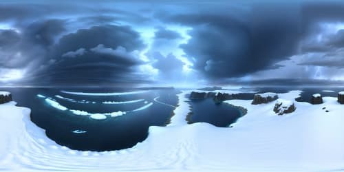 endless frozen ocean at night with thunder and lightning storm and large crashing waves