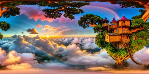 In the heart of a lush enchanted forest stands the iconic treehouse from Adventure Time, a meticulously detailed masterpiece bursting with vibrant colors, whimsical creatures peeking through foliage, cozy interiors visible through intricate windows, all under a cotton candy sky with oversized clouds and a pastel rainbow.