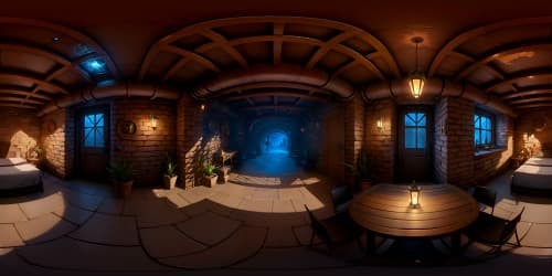 VR360 view, dank basement setting, exposed brick walls, luminescent fungi, glimmering stalactites, rustic wooden beams. Style: hyperrealism, emphasize texture contrasts, chiaroscuro lighting, ultra high-resolution. Perfectly integrated VR360 masterpiece view, elusive shadows.