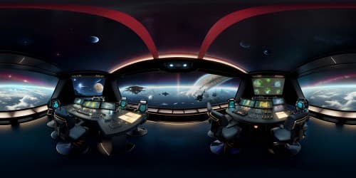 Ultra high-res VR360, bridge of USS Enterprise Next Generation, Star Trek Realism. Command center intricacy, crystal-clear viewer screens, pulsating console lights. VR360 panoramic view, vast, vivid outer space. Realism, meticulously rendered starship details, mastery in pixels, true-to-show replica, overwhelming visual feast.