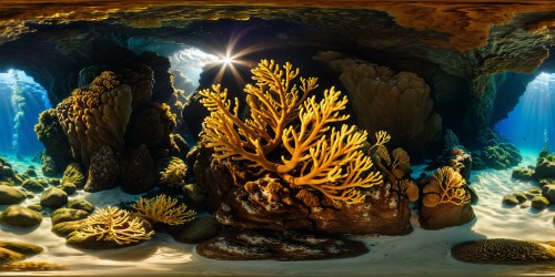 ideal underwater scene with deep, mysterious underwater chasm, jagged rocks, bleached coral, swirling seaweed, dusted with sparkling bioluminescence, 8k volumetric lighting, haunting beauty