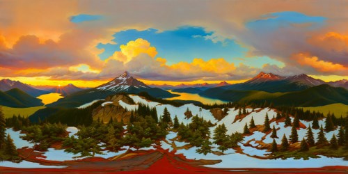 A breathtaking mountain landscape during golden hour, with snow-capped peaks, lush forests, serene lakes, and a radiant sunset casting a warm glow over the entire scene, all captured in flawless, ultra-high-resolution detail.