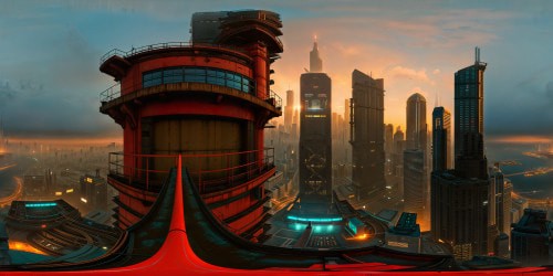 A dystopian metropolis rising under a blood-red sky, towering megastructures etched with neon lights, glowing holograms flickering in ultra high detail, smog-choked skies above decaying skyscrapers, a darkly beautiful cyberpunk chaos.