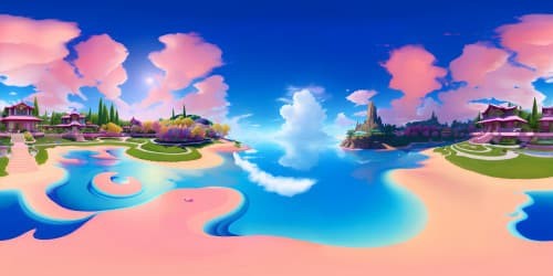 Ultra high-res VR360, Barbie-inspired scene, blond hair shimmering, VR360 pastel-toned palette, Barbie dream house silhouette against expansive sky, subtle fantasy art influence.