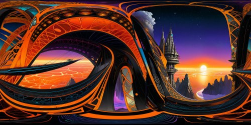 Incredible futuristic spaceship bridge, rendered flawlessly in ultra-high resolution VR, where neon orange hues contrast with sleek black surfaces, casting mesmerizing geometric holograms under an ethereal illumination, unveiling an 18K panoramic view of space; Earth glittering below, a true technical marvel and artistic masterpiece.