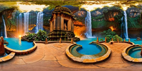 A majestic ancient temple crafted from towering cliffs, embraced by a resplendent golden hour glow, encircled by cascading waterfalls, lustrous azure pools, ornate stone carvings, and verdant jungle canopies; an impeccable, high-resolution artwork capturing every intricate detail flawlessly.