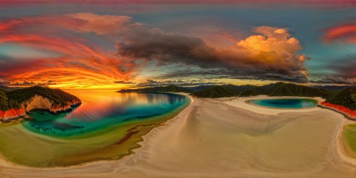 A breathtaking, flawless landscape under a fiery sky ablaze with sunset hues, reflecting on tranquil waters, reflecting intricate details and textures in ultra high resolution, a digital masterpiece.