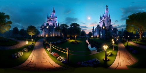 Cinderella's castle at twilight, luminescent glow, intricate stone detailing, ascending stairway, ethereal charm. Glossy cobblestones, delicate ivy, towering spires. VR360 digital painting style, ultra high resolution, intricate masterpiece, vibrant pastel hues. High-quality VR360 view, fantasy artistry, dreamlike elation.