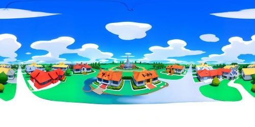 Iconic Simpsons house, 3D, ultra-high-res VR360 view, vibrant colors, cartoon-like forms. Minimal foreground, Evergreen Terrace neighborhood, expansive sky filled with fluffy, white clouds. Emphasis on crisp edges, clear lines, reminiscent of Matt Groening's art style. VR360 view of Simpson's lifestyle manifested in a dwelling, perfect for digital rendering.