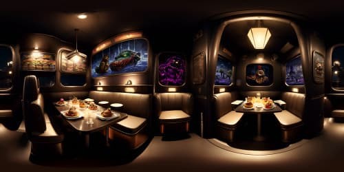 game five night at freddy's restaurant, with u.s. 90s fast food style creepy dark light. with a scary mechanical dark brown teddy bear