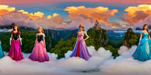 Ethereal and enchanting Disney princesses gather in a flawless, majestic circle, displaying intricately detailed armor adorning silky, glowing skin, in a hyper-realistic, ultra-high-resolution fantasy realm, captivating the eye with elegant and regal poses amidst a backdrop of enchanted forests and jeweled skies.