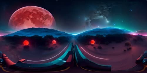 a red moon with a lot of blue an green stars above it