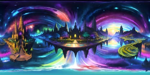 Masterful artistry, ultra-high-res VR360 immersion, commanding scale, grandeur. Smattering of colossal, intricate structures, grand sky painted with cosmic hues, awe-inspiring